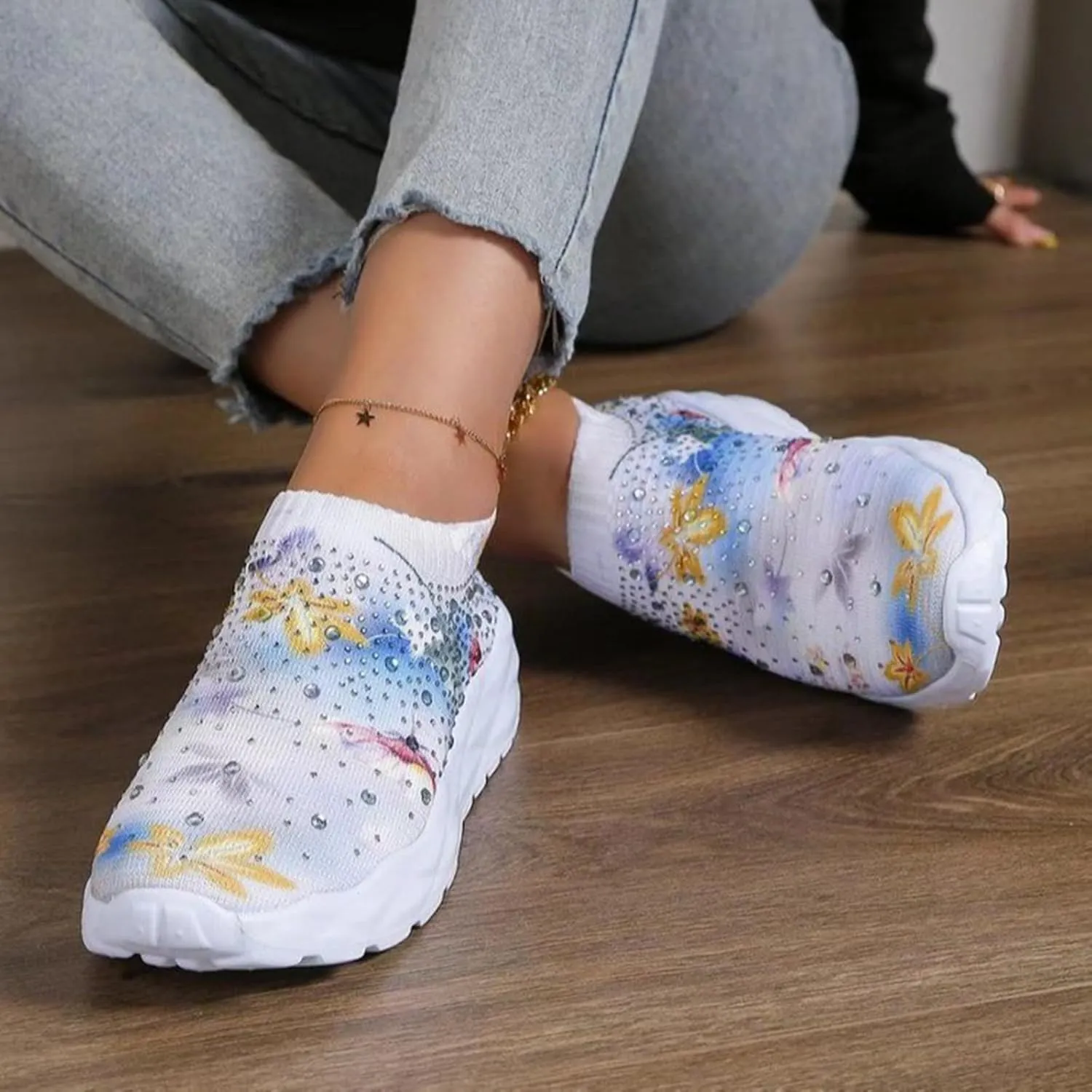 Hbeylia Fashion Mesh Sneakers for Women Casual Rhinestones Printed Knitted Breathable Air Cushion Trendy Chunky Bottom Low Top Canvas Shoes Lightweight Comfort Slip On Walking Shoes Play Sneakers