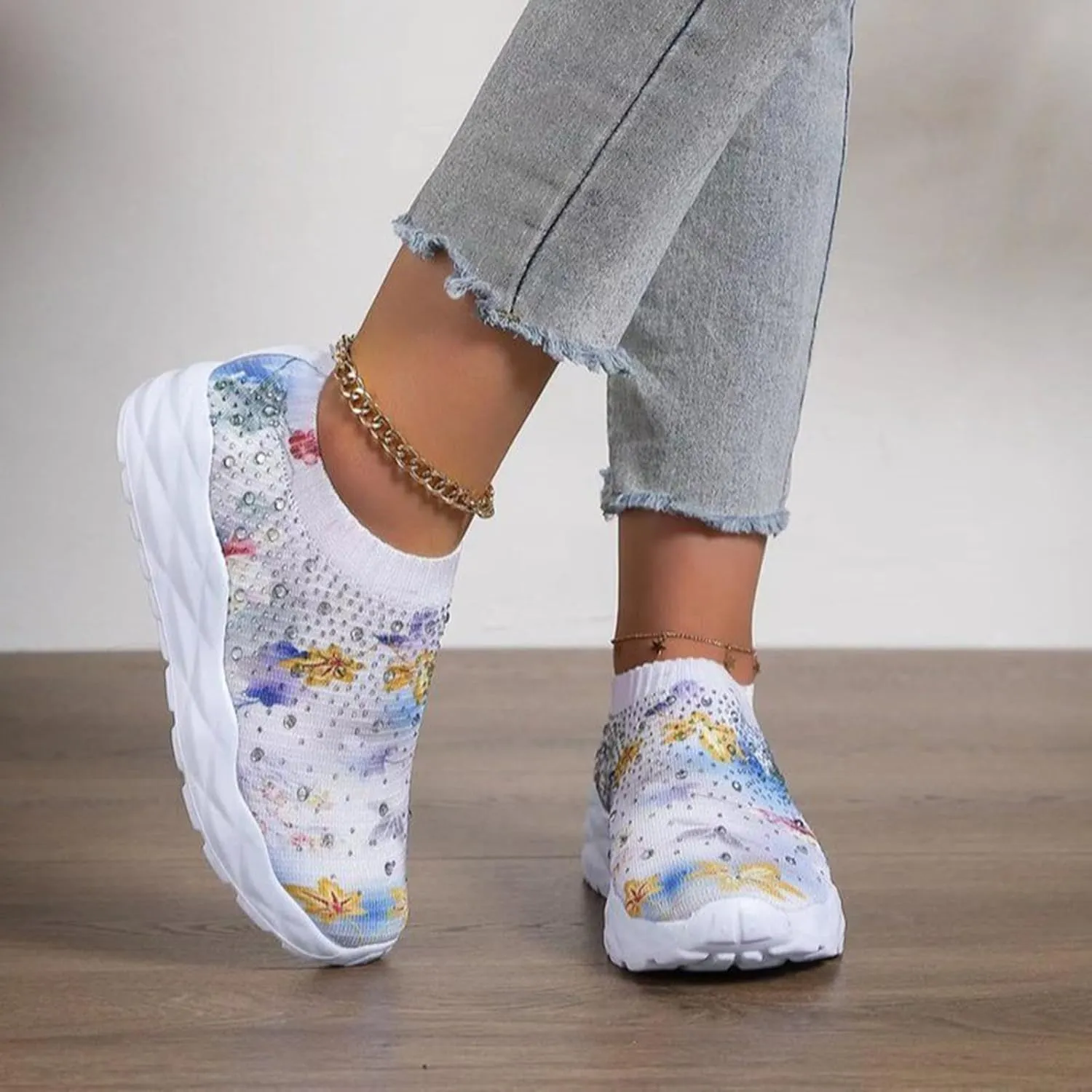 Hbeylia Fashion Mesh Sneakers for Women Casual Rhinestones Printed Knitted Breathable Air Cushion Trendy Chunky Bottom Low Top Canvas Shoes Lightweight Comfort Slip On Walking Shoes Play Sneakers