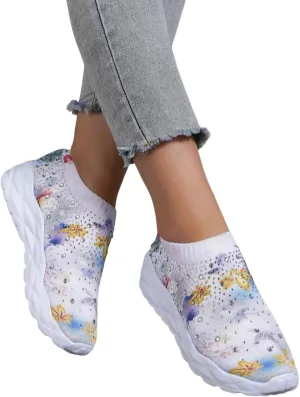 Hbeylia Fashion Mesh Sneakers for Women Casual Rhinestones Printed Knitted Breathable Air Cushion Trendy Chunky Bottom Low Top Canvas Shoes Lightweight Comfort Slip On Walking Shoes Play Sneakers