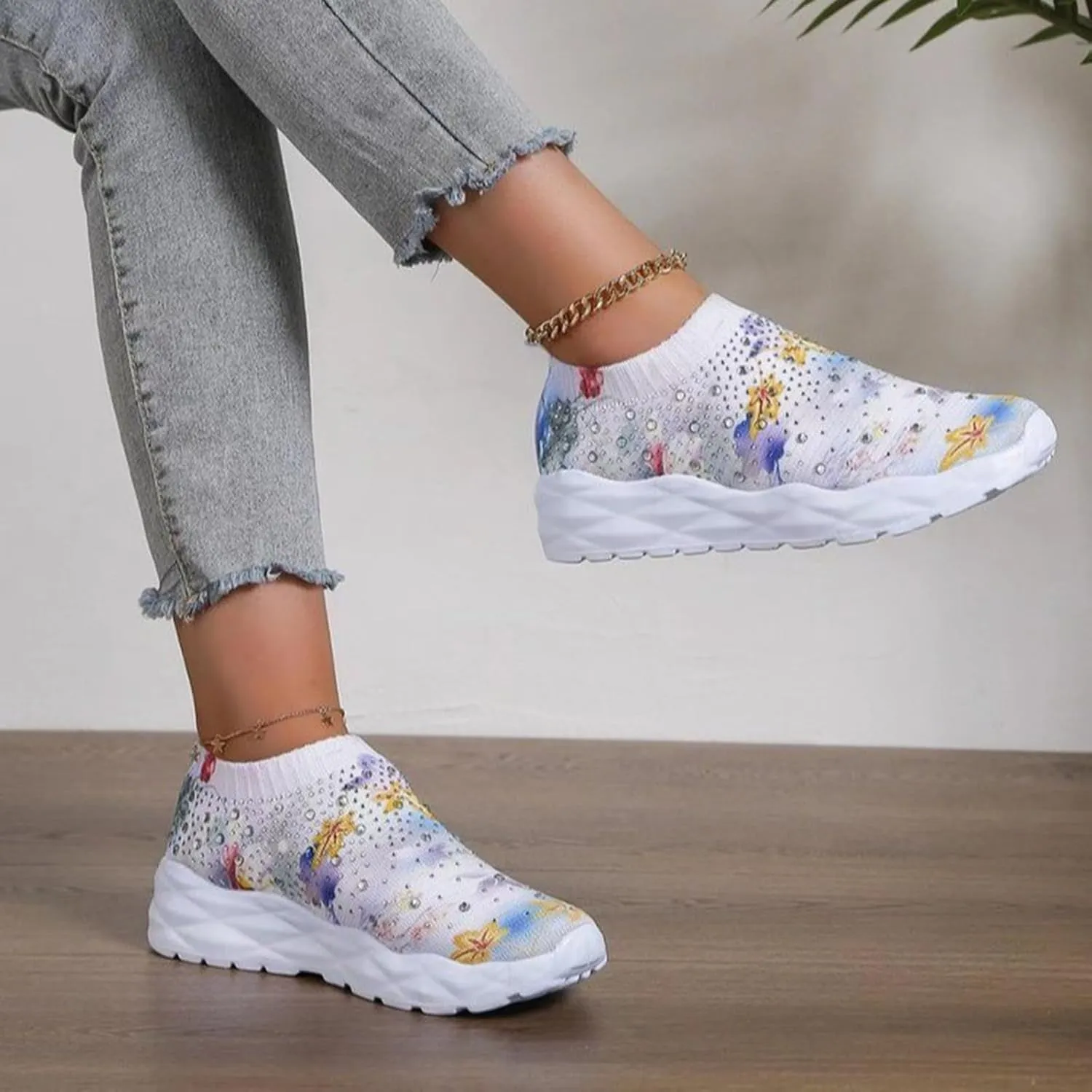 Hbeylia Fashion Mesh Sneakers for Women Casual Rhinestones Printed Knitted Breathable Air Cushion Trendy Chunky Bottom Low Top Canvas Shoes Lightweight Comfort Slip On Walking Shoes Play Sneakers