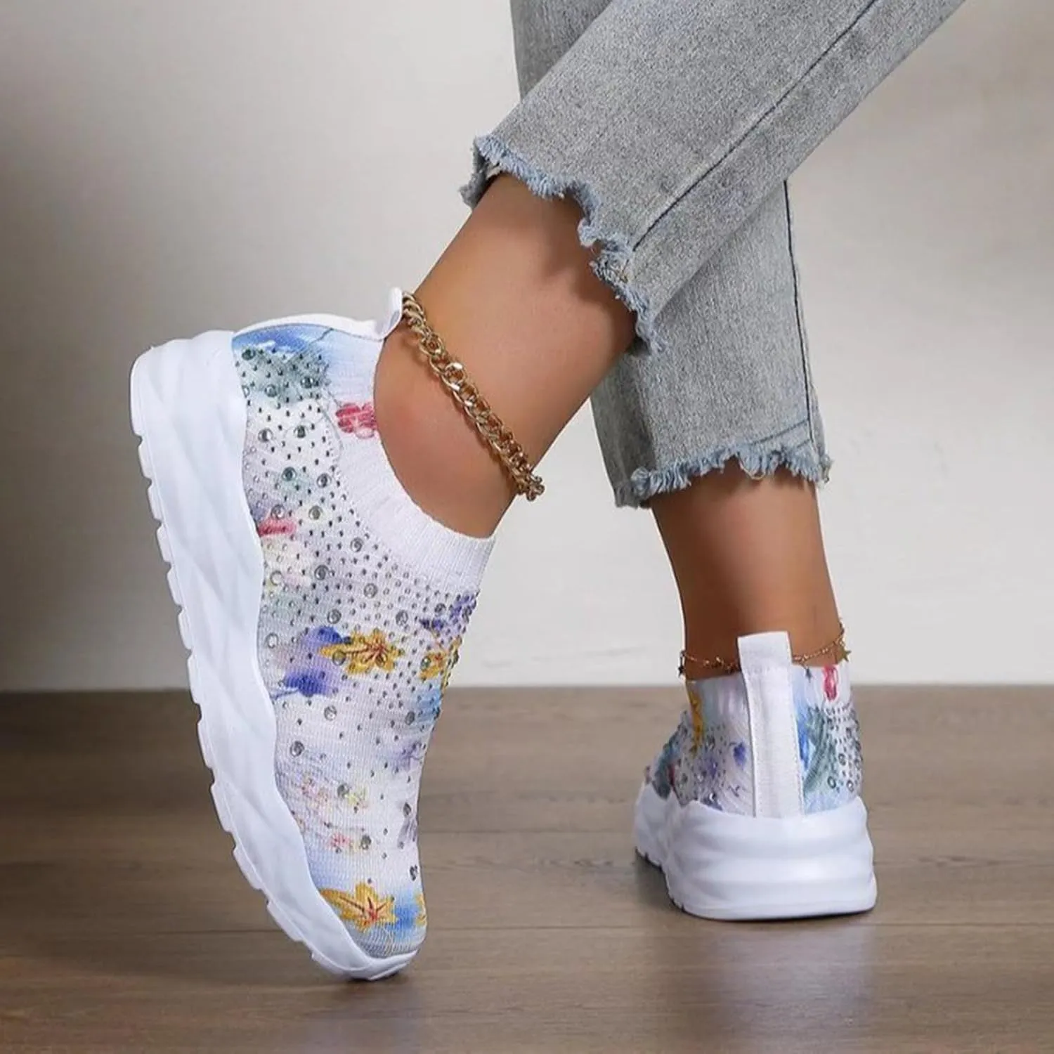 Hbeylia Fashion Mesh Sneakers for Women Casual Rhinestones Printed Knitted Breathable Air Cushion Trendy Chunky Bottom Low Top Canvas Shoes Lightweight Comfort Slip On Walking Shoes Play Sneakers
