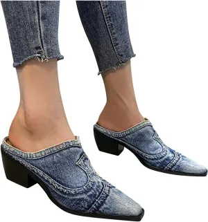Hbeylia Mules for Women Fashion Casual Denim Closed Pointed Toe Slip On Loafer Slides Backless Shoes Chunky Block Mid Heels Mule Sandals for Ladies