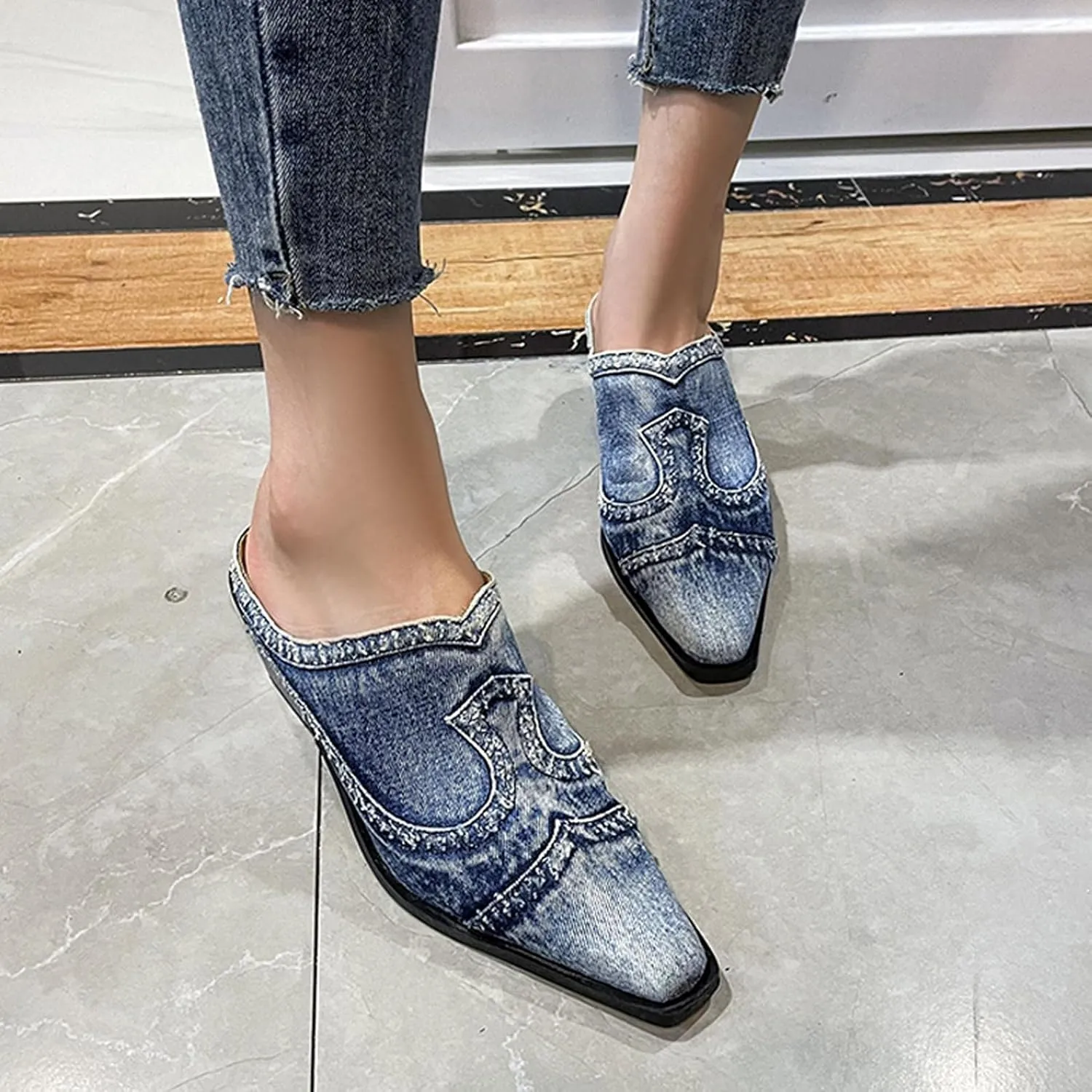 Hbeylia Mules for Women Fashion Casual Denim Closed Pointed Toe Slip On Loafer Slides Backless Shoes Chunky Block Mid Heels Mule Sandals for Ladies