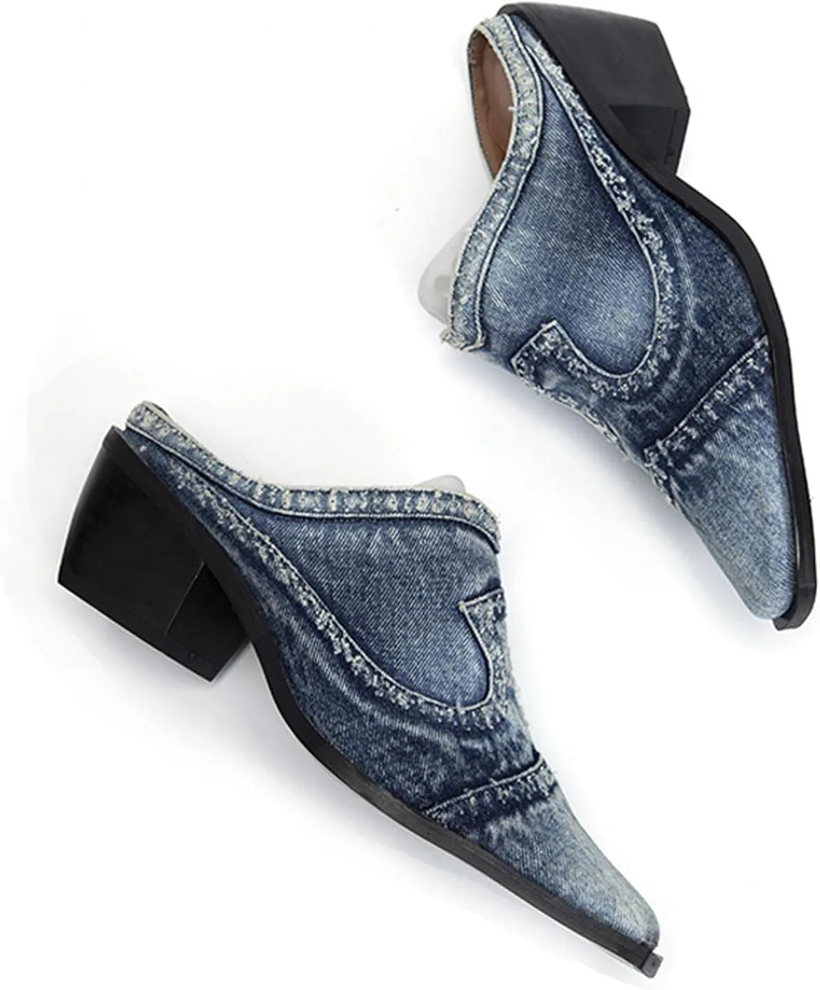 Hbeylia Mules for Women Fashion Casual Denim Closed Pointed Toe Slip On Loafer Slides Backless Shoes Chunky Block Mid Heels Mule Sandals for Ladies