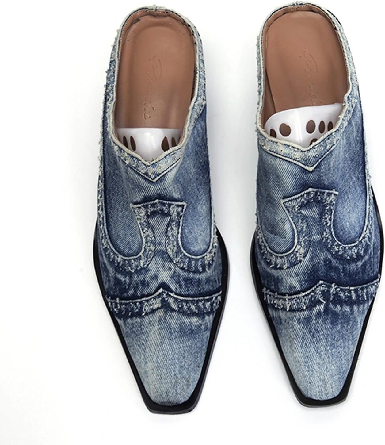 Hbeylia Mules for Women Fashion Casual Denim Closed Pointed Toe Slip On Loafer Slides Backless Shoes Chunky Block Mid Heels Mule Sandals for Ladies