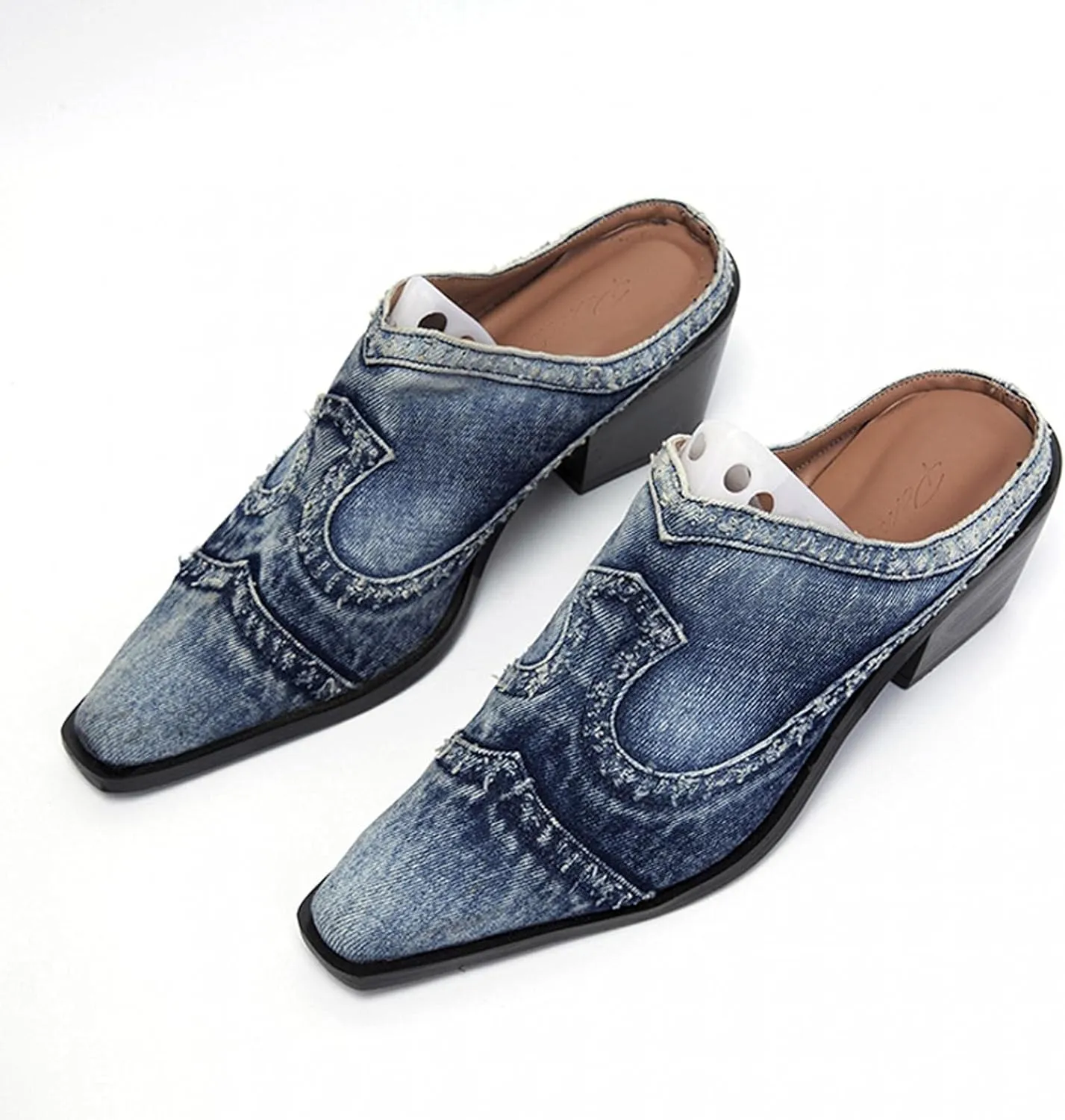 Hbeylia Mules for Women Fashion Casual Denim Closed Pointed Toe Slip On Loafer Slides Backless Shoes Chunky Block Mid Heels Mule Sandals for Ladies
