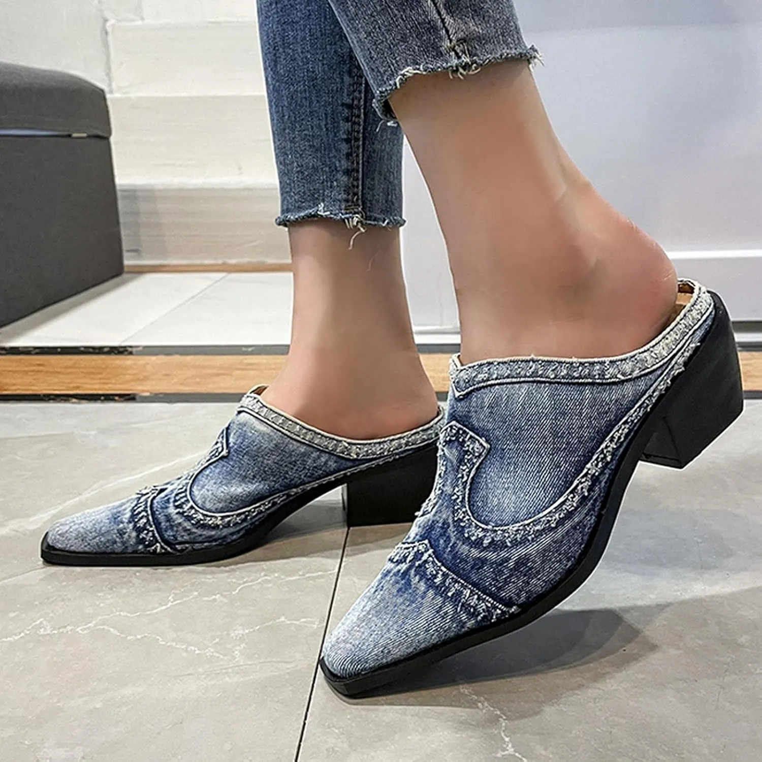 Hbeylia Mules for Women Fashion Casual Denim Closed Pointed Toe Slip On Loafer Slides Backless Shoes Chunky Block Mid Heels Mule Sandals for Ladies