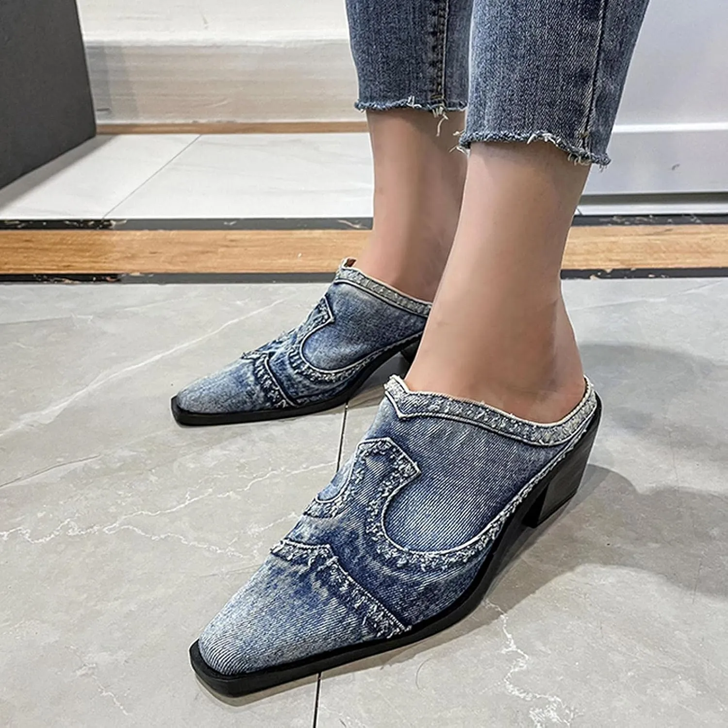 Hbeylia Mules for Women Fashion Casual Denim Closed Pointed Toe Slip On Loafer Slides Backless Shoes Chunky Block Mid Heels Mule Sandals for Ladies