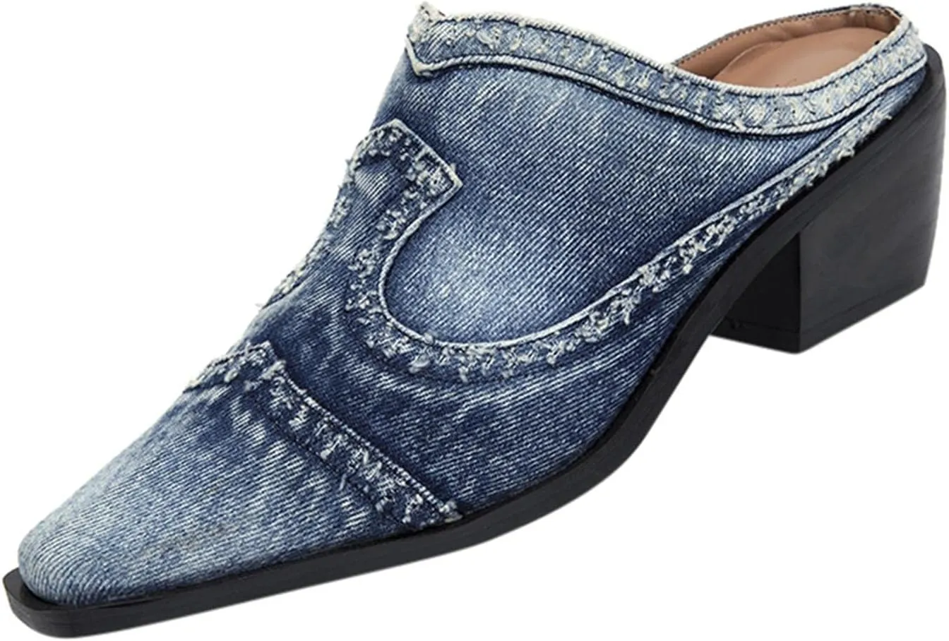 Hbeylia Mules for Women Fashion Casual Denim Closed Pointed Toe Slip On Loafer Slides Backless Shoes Chunky Block Mid Heels Mule Sandals for Ladies