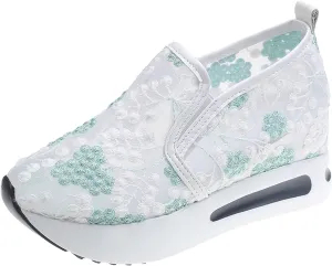 Hbeylia Platform Wedge Fashion Sneakers for Women Embroidery Floral Mesh Air Lace Chunky Sole Hidden High Heels Slip On Loafers Walking Work Shoes Arch Support Low Top Play Sneakers Loafers