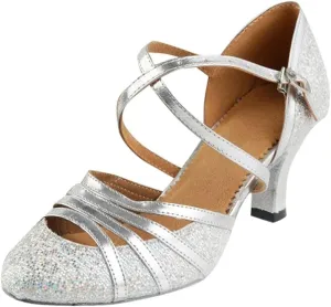 Hbeylia Vintage Dress Pump Sandals Shoes for Women Ladies Glitter Sequin Round Toe Chunky Mid Heels Cross Ankle Strap Dressy Ballet Flats Retro Ballroom Latin Salsa Dance Shoes for Wedding Party