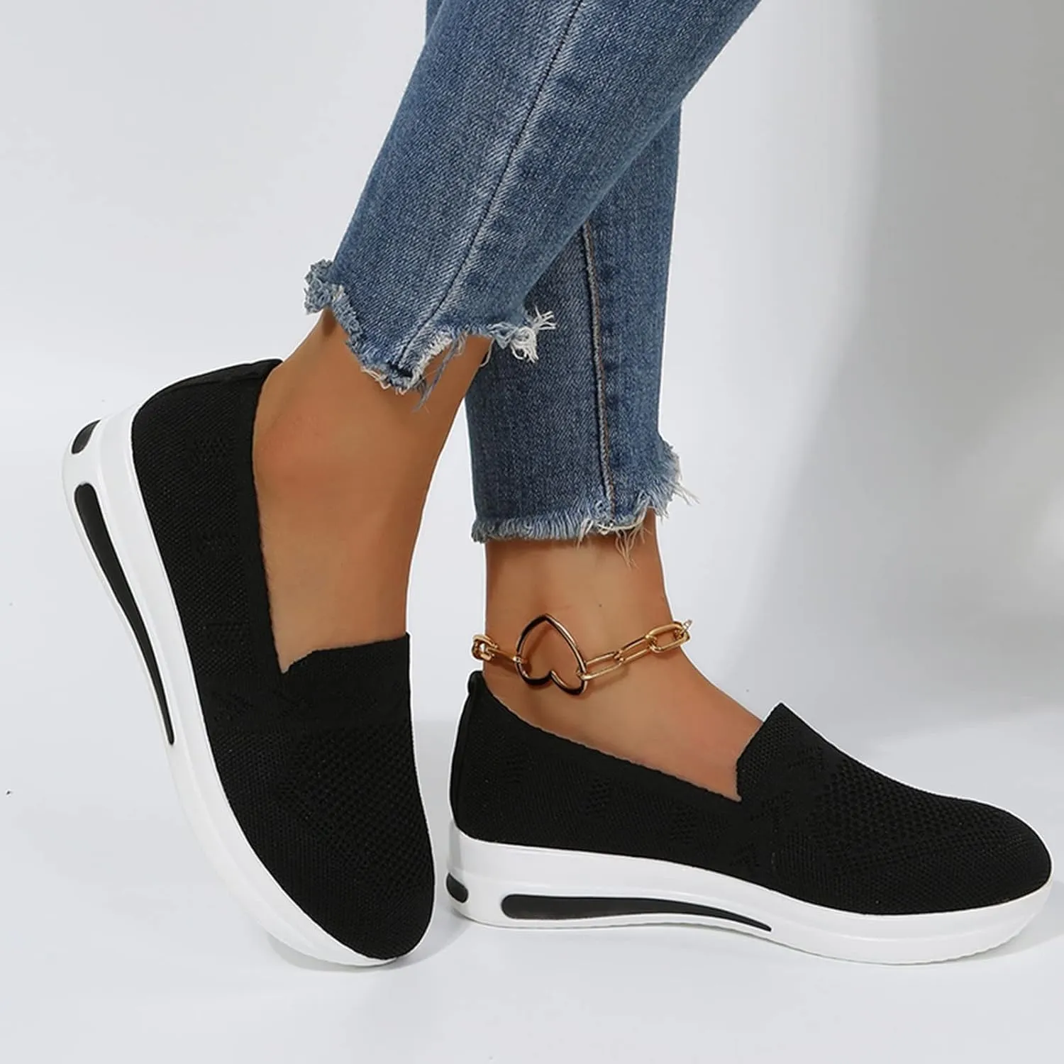 Hbeylia Women's Athletic Running Shoes Fashion Platform Wedge Comfortable Breathable Knit Sock Air Cushion Low Top Sneakers Slip On Lightweight Sports Canvas Shoes Loafers for Work Nurse
