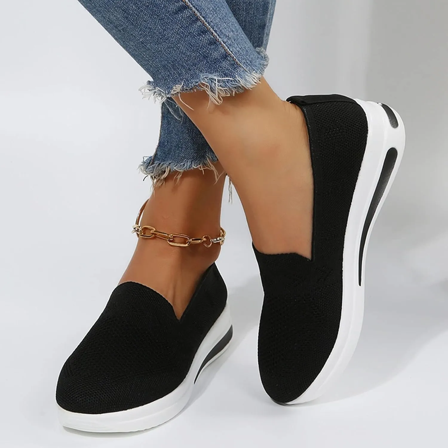 Hbeylia Women's Athletic Running Shoes Fashion Platform Wedge Comfortable Breathable Knit Sock Air Cushion Low Top Sneakers Slip On Lightweight Sports Canvas Shoes Loafers for Work Nurse