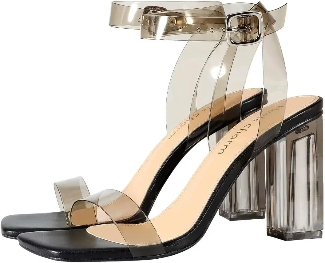 Heels Charm Women's Clear Chunky Block Heeled Sandals 3.74 Inches Open Toe Ankle Strap Block High Heel Sandal Dress Dancing Sandals Daily Work Party Shoes