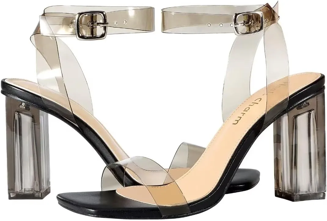 Heels Charm Women's Clear Chunky Block Heeled Sandals 3.74 Inches Open Toe Ankle Strap Block High Heel Sandal Dress Dancing Sandals Daily Work Party Shoes