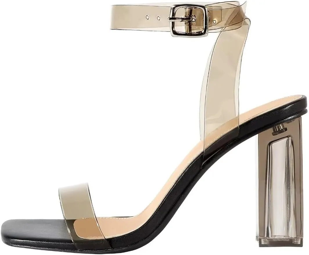 Heels Charm Women's Clear Chunky Block Heeled Sandals 3.74 Inches Open Toe Ankle Strap Block High Heel Sandal Dress Dancing Sandals Daily Work Party Shoes