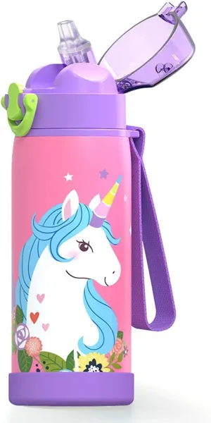 Home Tune 16 oz Insulated Water Bottle with Straw for Kids, Durable Stainless Steel & Leak Proof One Click Open Soft Sipper & Protective Silicone Boot (Unicorn)