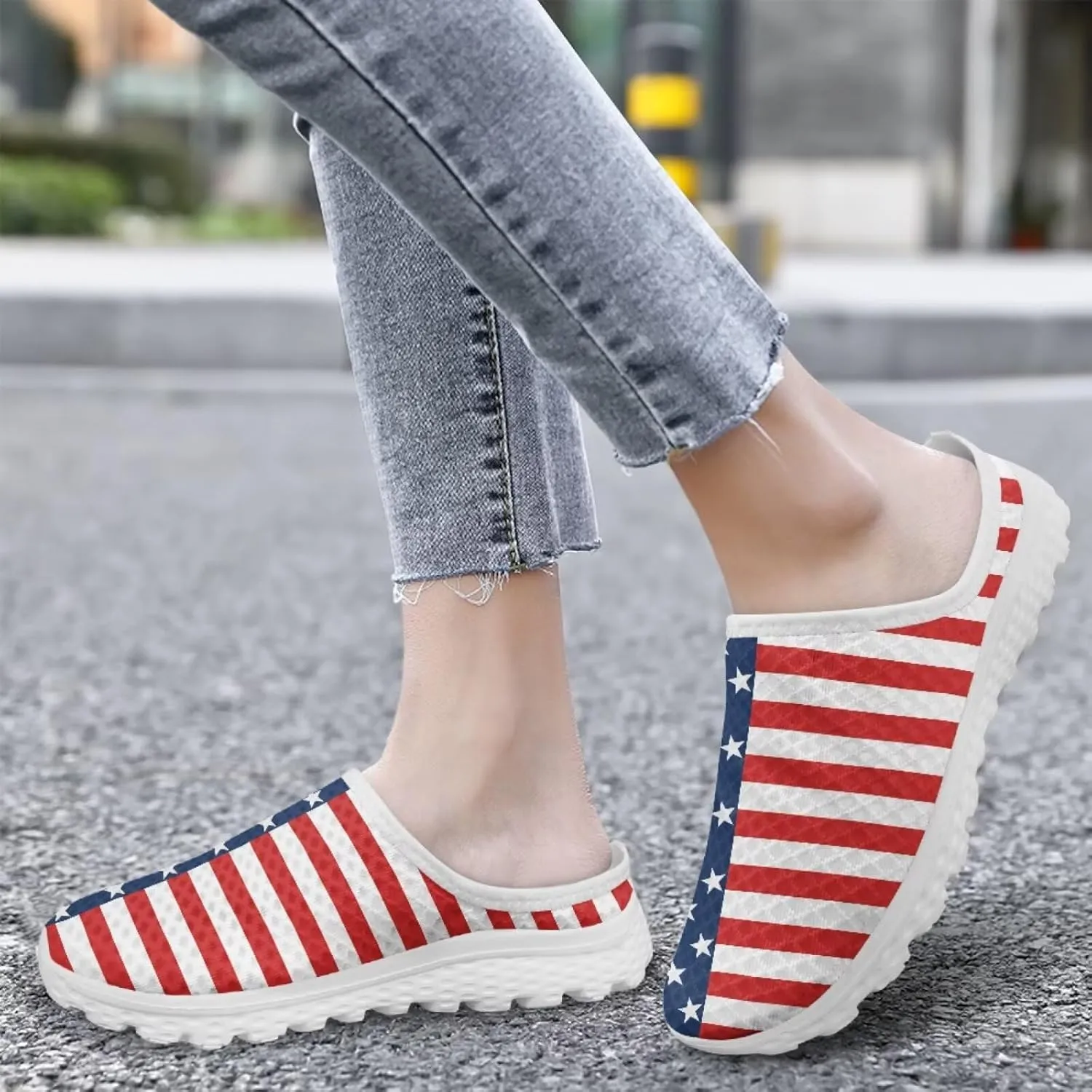 Howilath American Flag Print Women Mules Shoes Slip on Shoes Arch Support Garden Clogs Mesh Loafers with EVA Sole