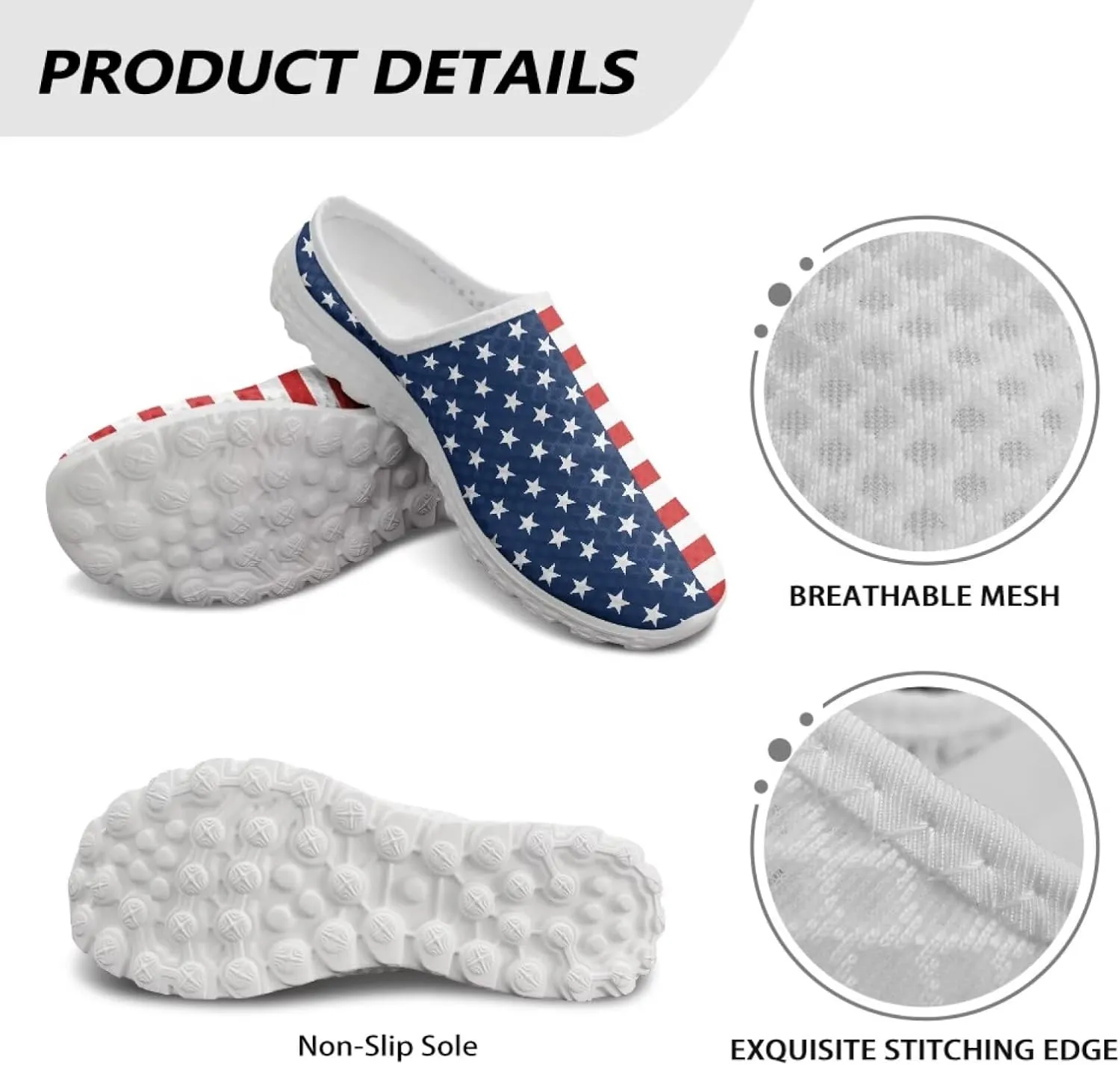 Howilath American Flag Print Women Mules Shoes Slip on Shoes Arch Support Garden Clogs Mesh Loafers with EVA Sole