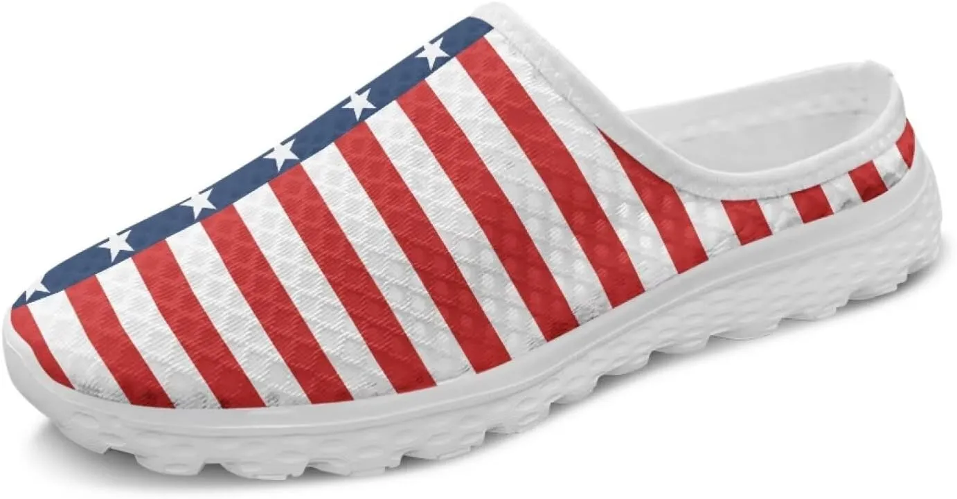 Howilath American Flag Print Women Mules Shoes Slip on Shoes Arch Support Garden Clogs Mesh Loafers with EVA Sole