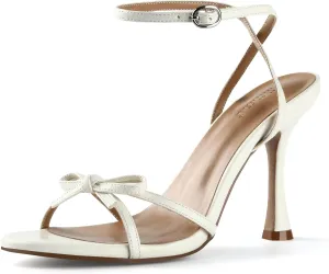 iiimmu Women's Bow Heels 4 IN Stiletto Heeled Sandals for Women Round Open Toe Sandals Elegant Summer Heels Soft PU Leather/Faux Suede