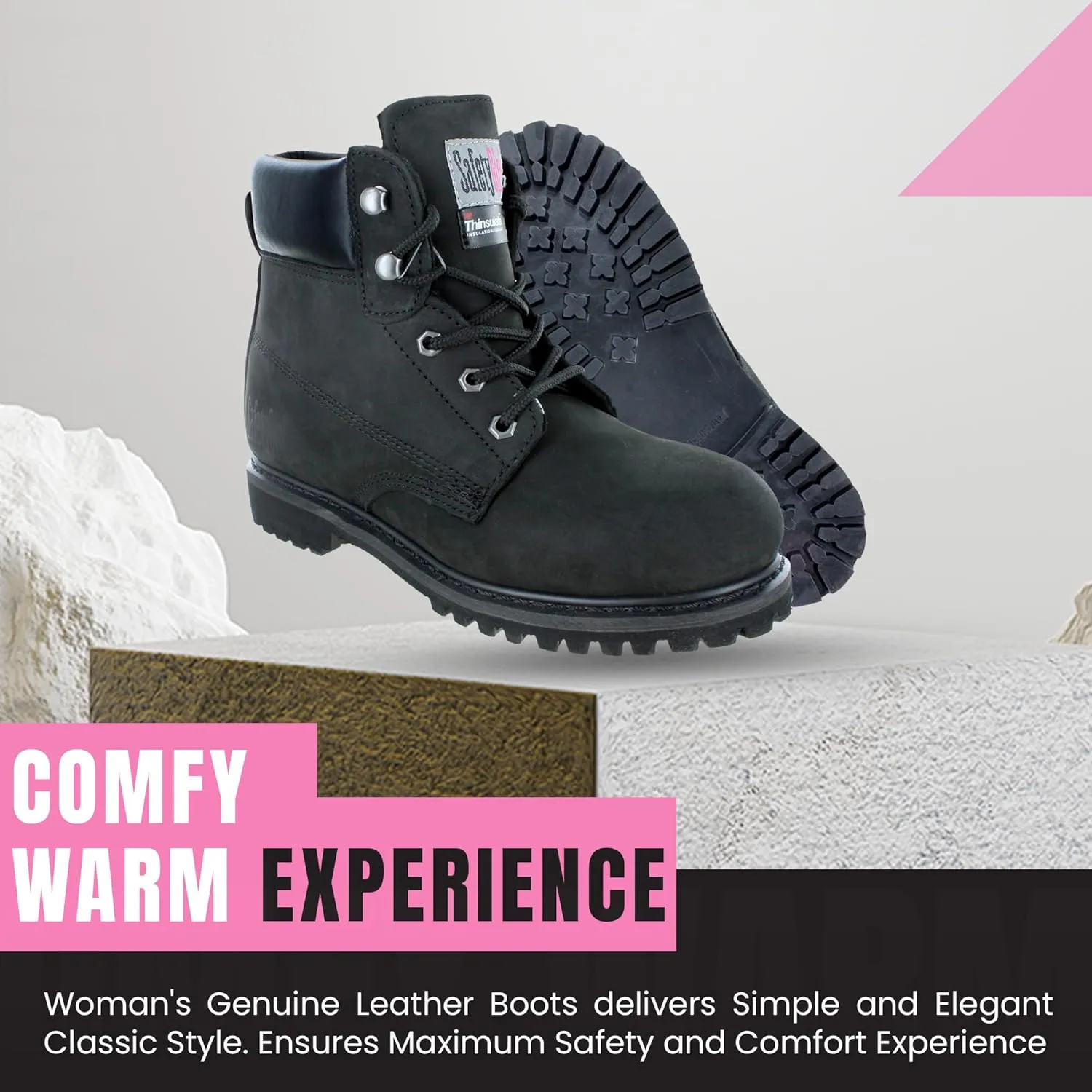 Insulated Soft Toe Women's Work Boot - Black - 10M | 6" Waterproof Boots for Women Soft Toe Boots | Insulated Safety Shoes - Nubuck Leather Slip Resistant Womens Boot Safety Shoes