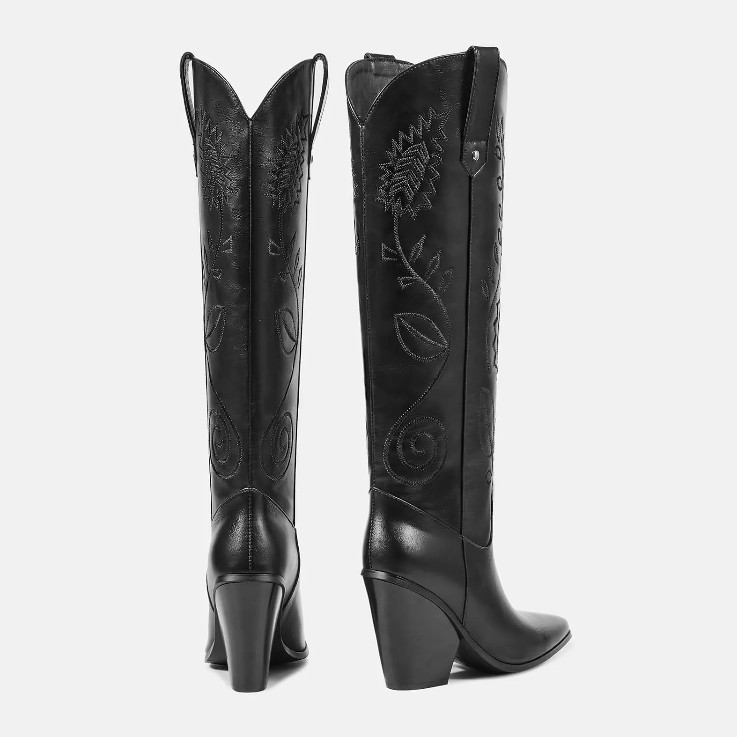 ISNOM Women's Western Knee High Cowboy Cowgirl Boots, Unique Fashion Embroidered Chunky Block Heels Pointed Toes Over Knee Boots
