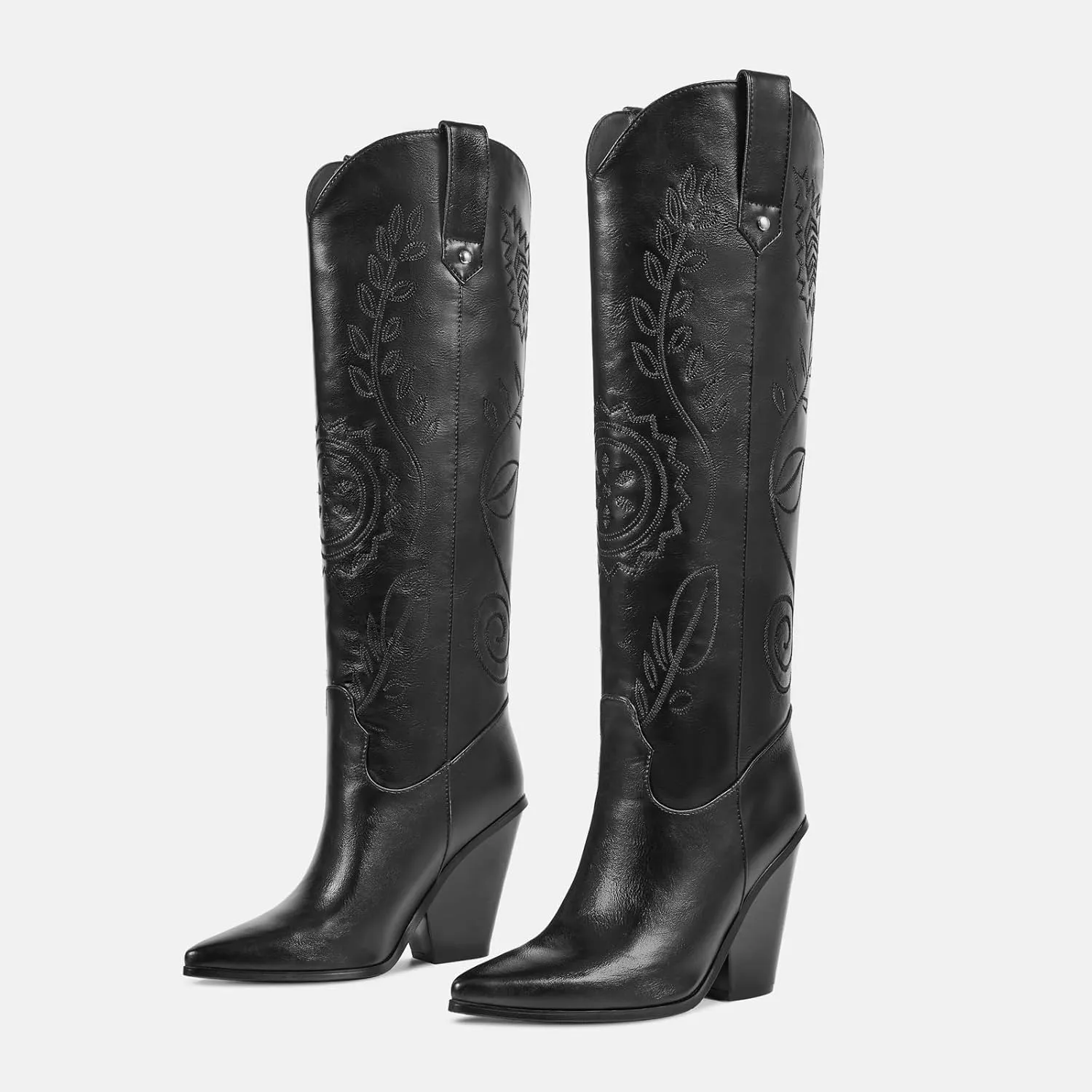 ISNOM Women's Western Knee High Cowboy Cowgirl Boots, Unique Fashion Embroidered Chunky Block Heels Pointed Toes Over Knee Boots