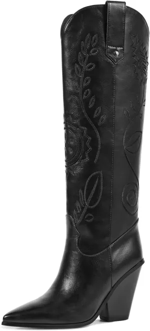 ISNOM Women's Western Knee High Cowboy Cowgirl Boots, Unique Fashion Embroidered Chunky Block Heels Pointed Toes Over Knee Boots