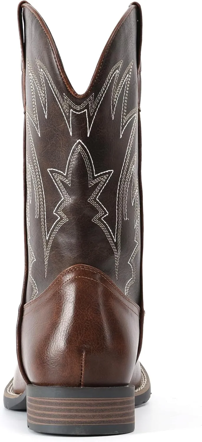 IUV Cowboy Boots For Men Square Toe Western Boots Durable Classic Embroidered Pull On Boot Slip Resistant Country Boot