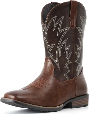 IUV Cowboy Boots For Men Square Toe Western Boots Durable Classic Embroidered Pull On Boot Slip Resistant Country Boot