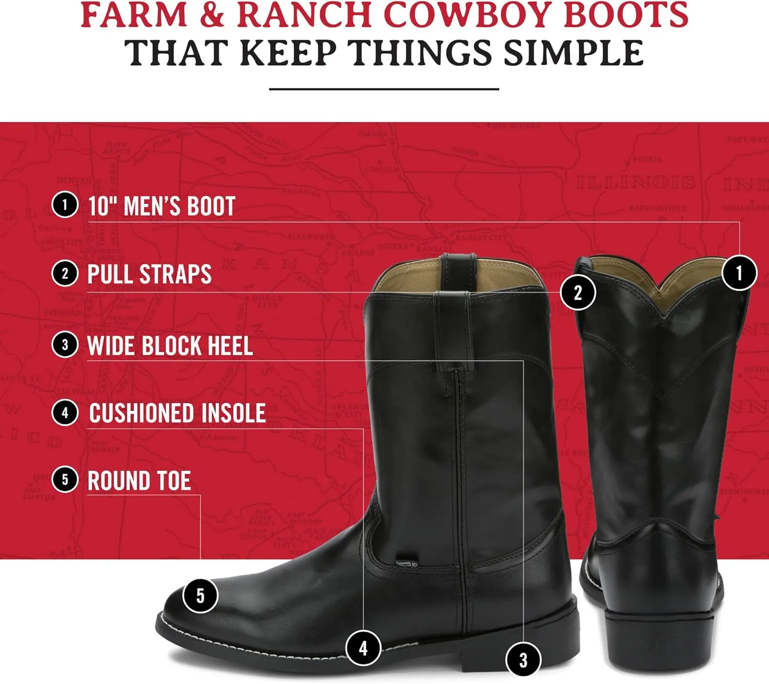 Justin Temple 10" Roper Cowboy Boots for Men - Durable Pull-On Round Toe Cowhide Boots with Covered Cushion Insole and Triple-Density Insole Board