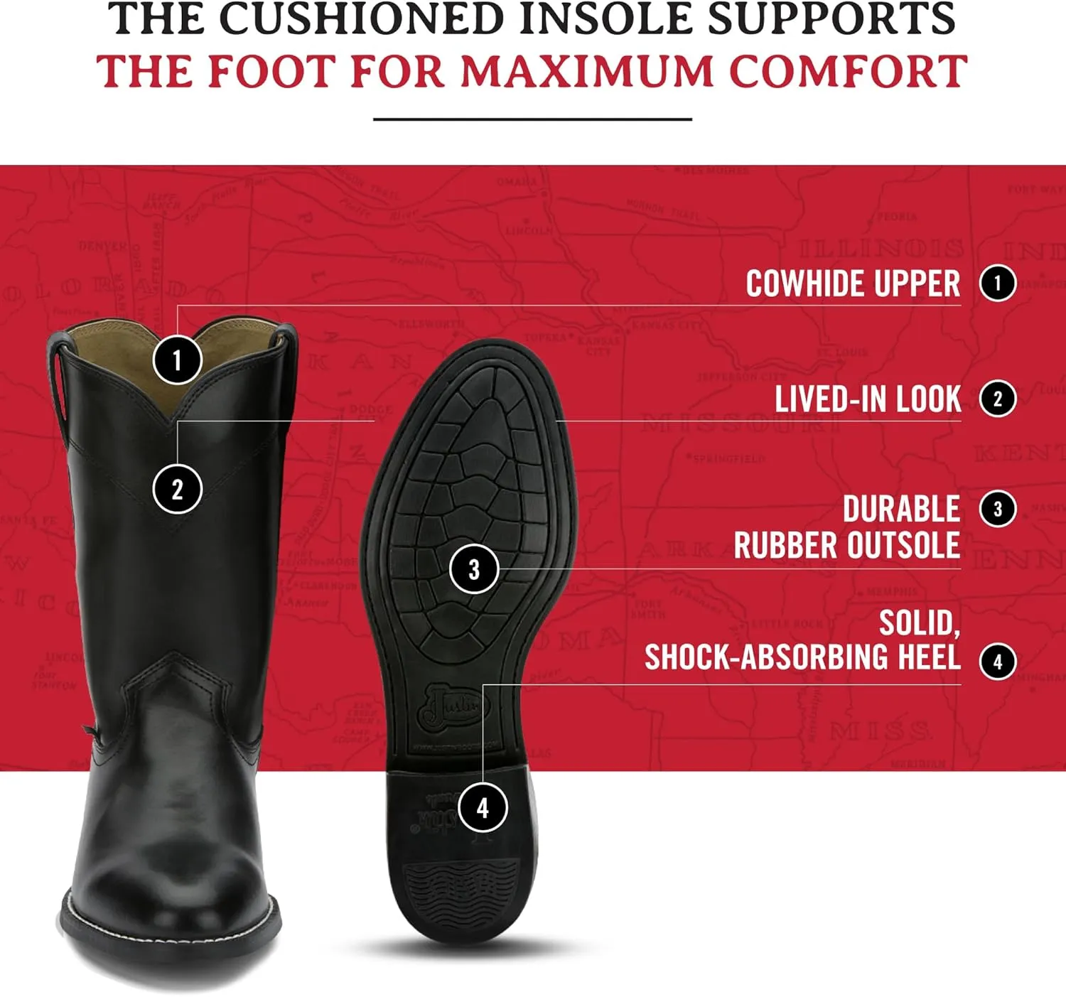 Justin Temple 10" Roper Cowboy Boots for Men - Durable Pull-On Round Toe Cowhide Boots with Covered Cushion Insole and Triple-Density Insole Board