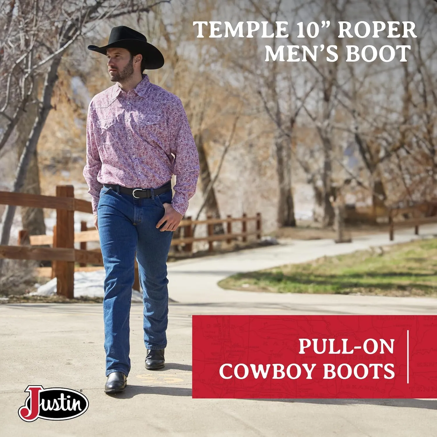 Justin Temple 10" Roper Cowboy Boots for Men - Durable Pull-On Round Toe Cowhide Boots with Covered Cushion Insole and Triple-Density Insole Board