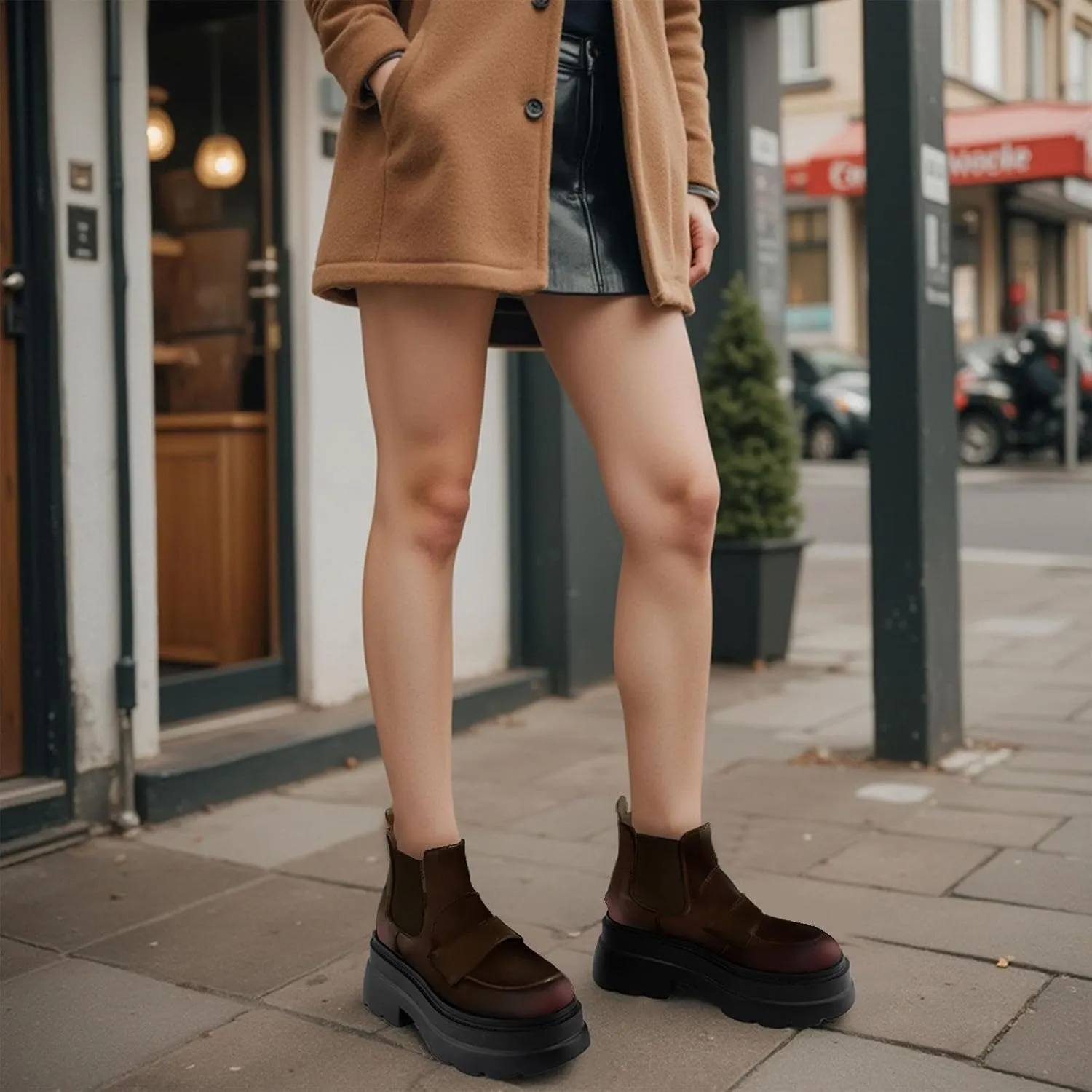KaroNairy Platform Ankle Boots for Women Chelsea Boots Round Toe Chunky Heel Slip on Lug Sole Short Boots Black