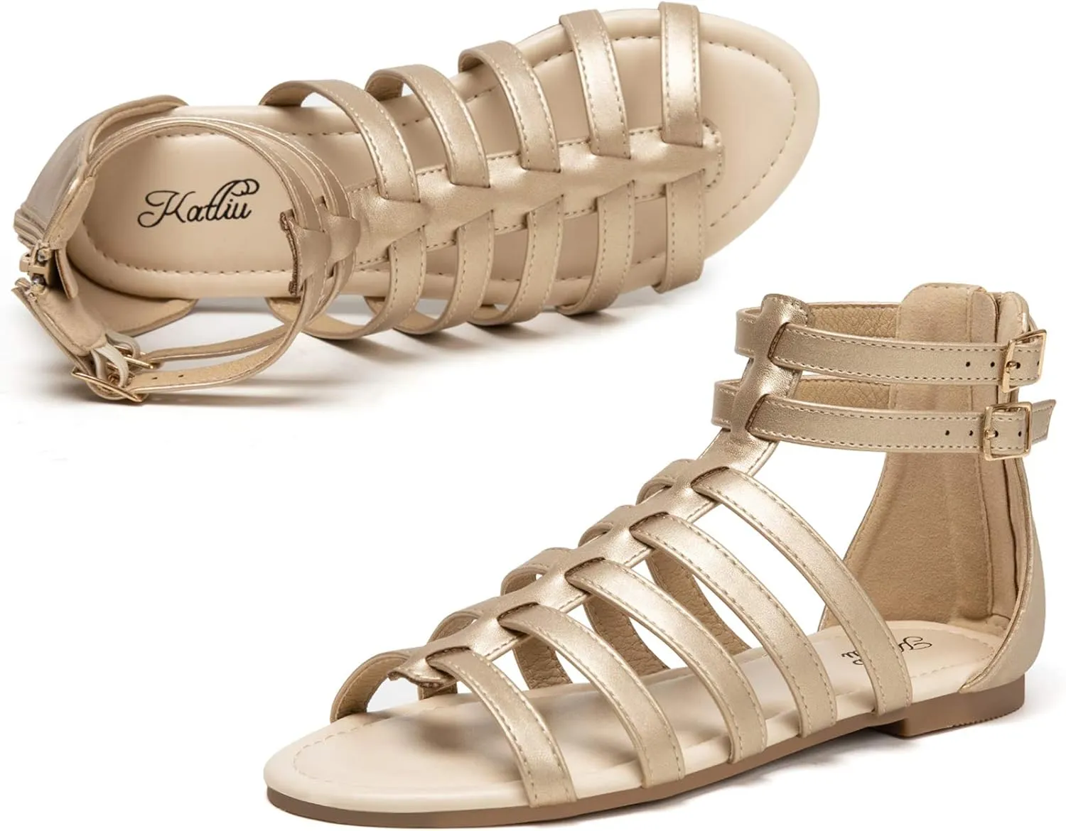 katliu Women's Gladiator Sandal Flat Strap Sandals Two Ankle Buckle