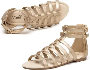 katliu Women's Gladiator Sandal Flat Strap Sandals Two Ankle Buckle