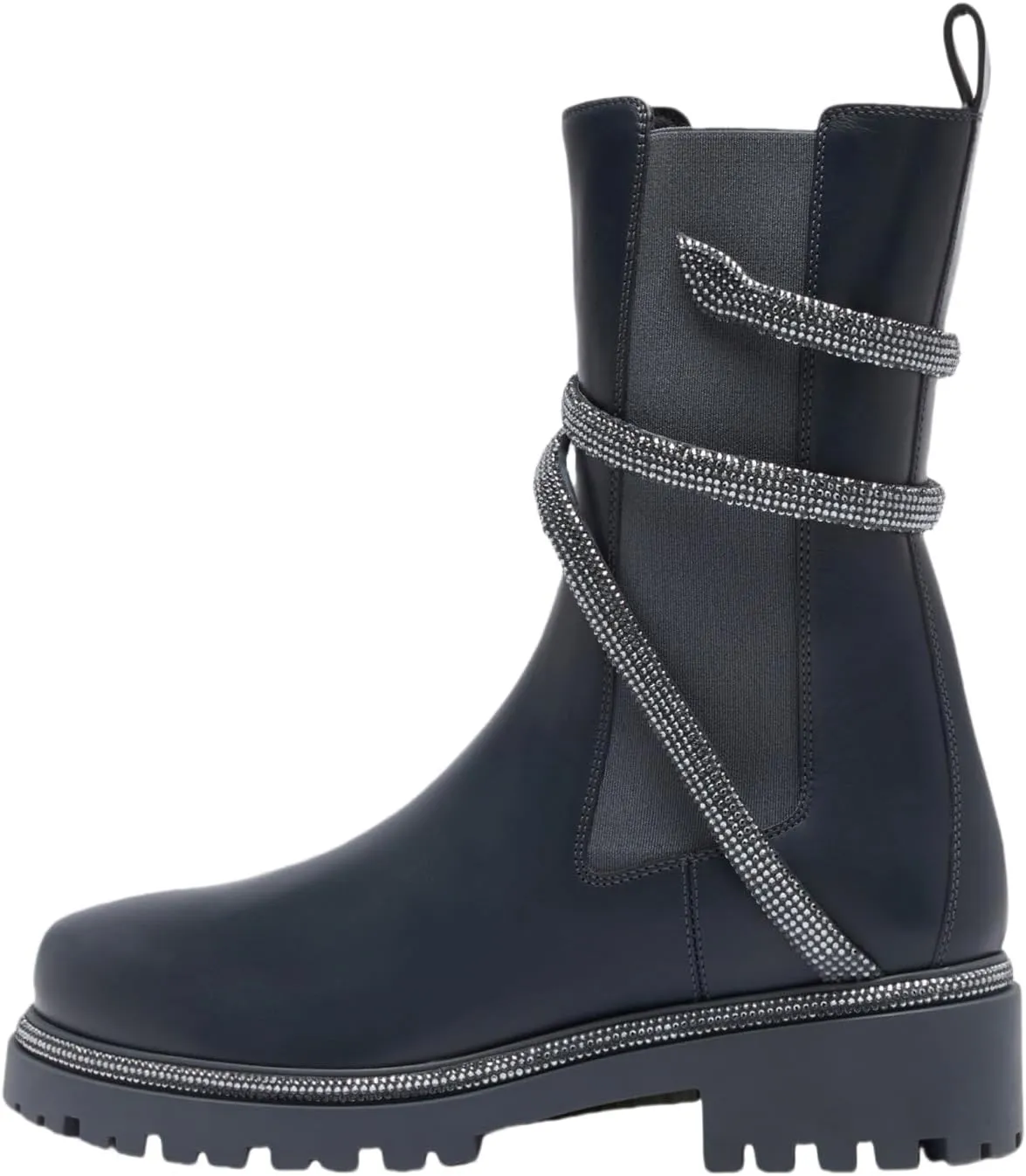 keleimusi Women's Crystal Embellished Ankle Wrap Chelsea Combat Booties with Flat Lugs
