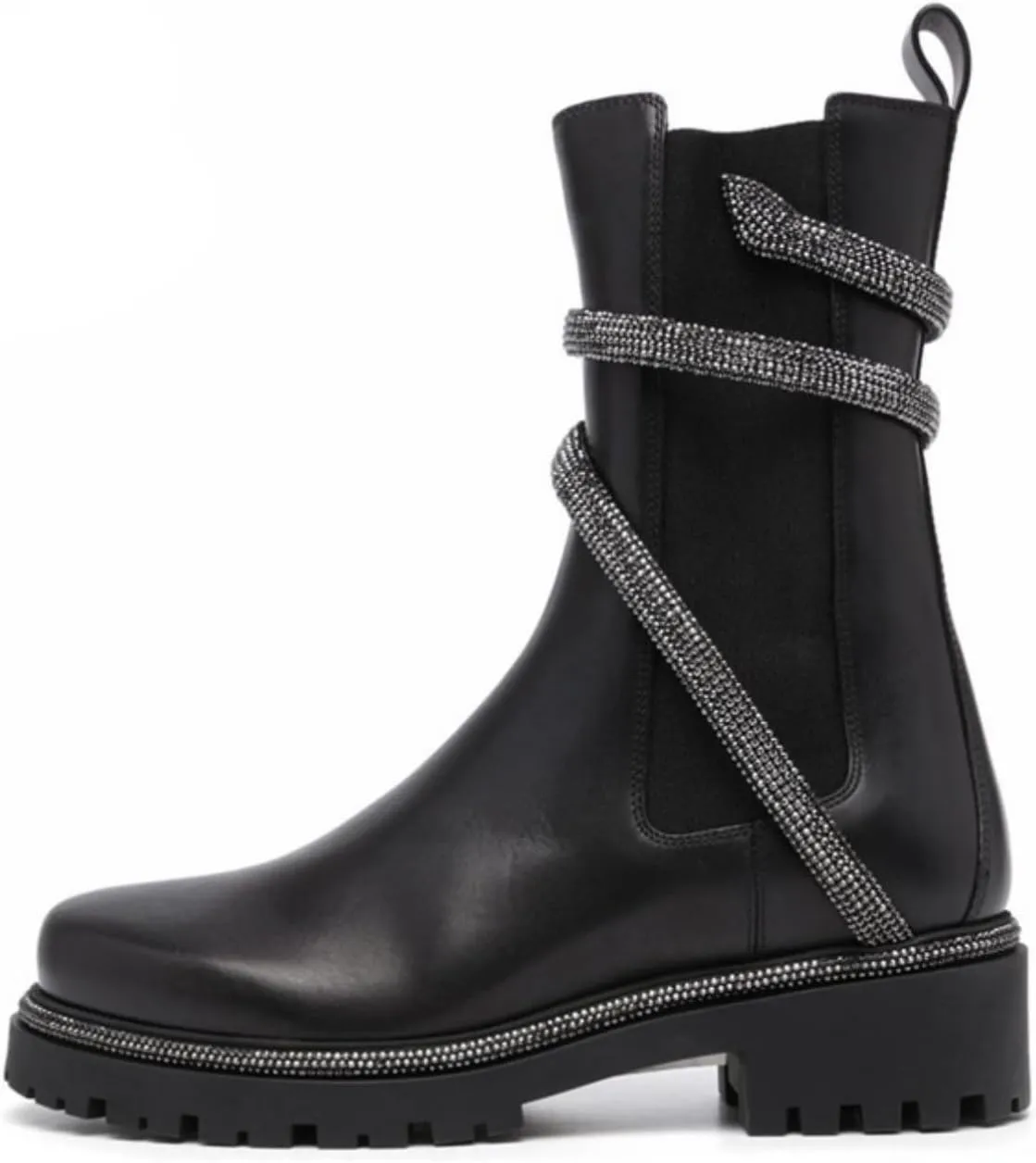 keleimusi Women's Crystal Embellished Ankle Wrap Chelsea Combat Booties with Flat Lugs