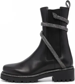 keleimusi Women's Crystal Embellished Ankle Wrap Chelsea Combat Booties with Flat Lugs