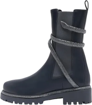 keleimusi Women's Crystal Embellished Ankle Wrap Chelsea Combat Booties with Flat Lugs