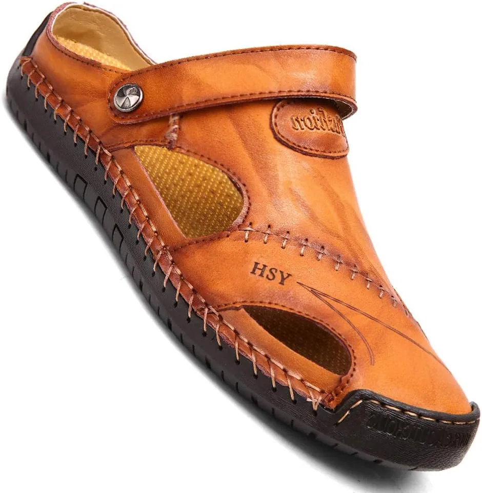 KINOW Mens Casual Closed Toe Leather Sandals Outdoor Sports Beach Slippers Flat Shoes