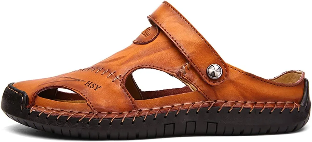 KINOW Mens Casual Closed Toe Leather Sandals Outdoor Sports Beach Slippers Flat Shoes