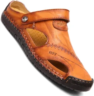 KINOW Mens Casual Closed Toe Leather Sandals Outdoor Sports Beach Slippers Flat Shoes