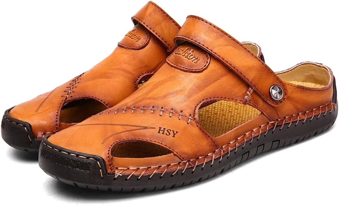 KINOW Mens Casual Closed Toe Leather Sandals Outdoor Sports Beach Slippers Flat Shoes