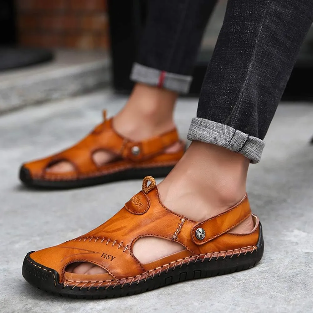 KINOW Mens Casual Closed Toe Leather Sandals Outdoor Sports Beach Slippers Flat Shoes
