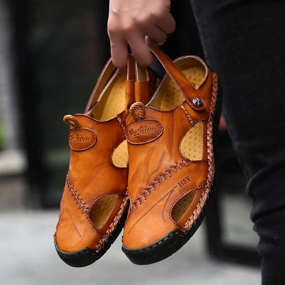 KINOW Mens Casual Closed Toe Leather Sandals Outdoor Sports Beach Slippers Flat Shoes