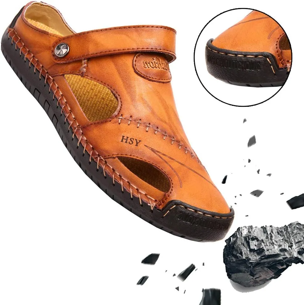 KINOW Mens Casual Closed Toe Leather Sandals Outdoor Sports Beach Slippers Flat Shoes