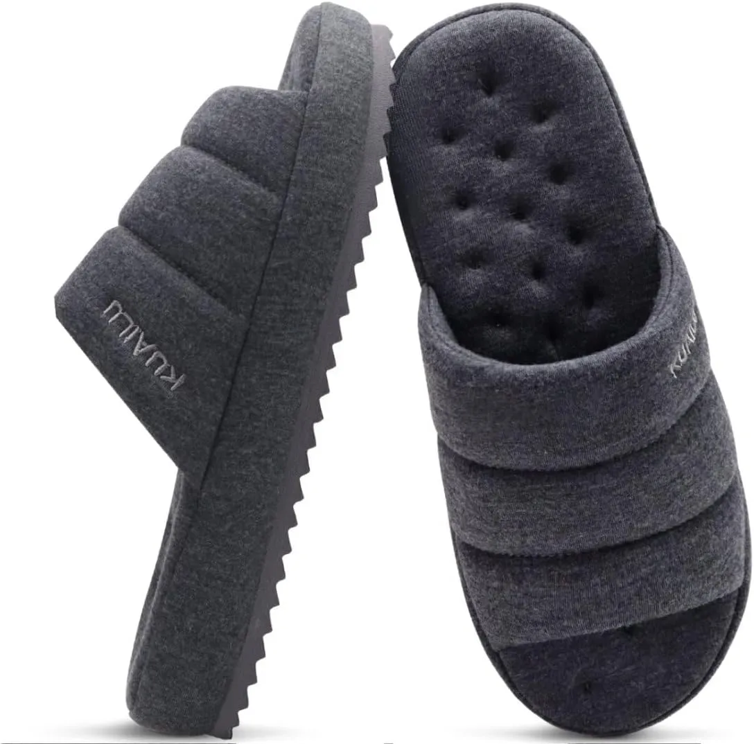 KuaiLu Men's Fashion Quilted Cotton-blend Fabric Sandal Slippers Cozy Memory Foam Indoor/Outdoor House Shoes with Lightweight Soft Cushion Footbed Hard Rubber Sole