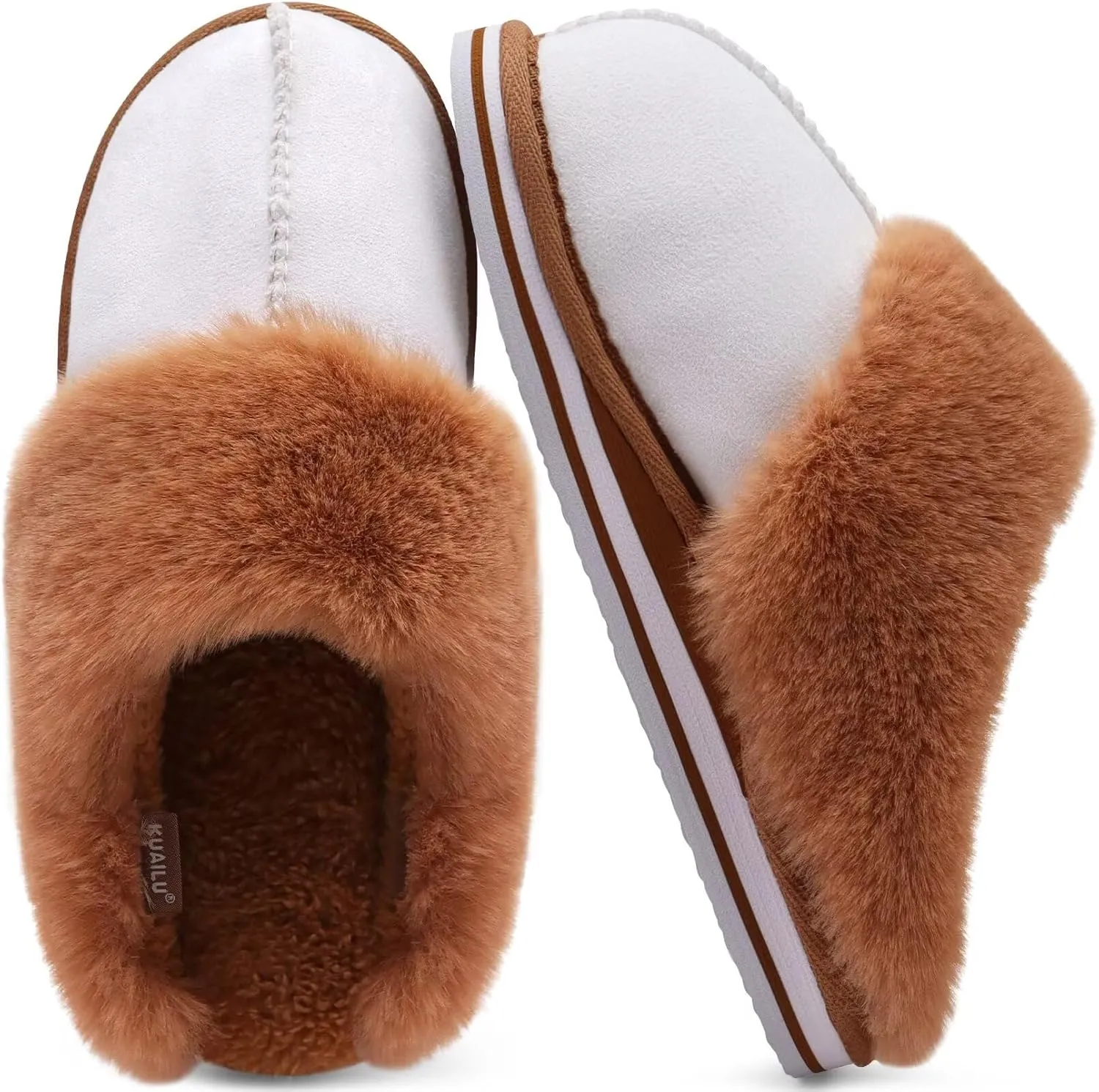 KuaiLu Womens Fluff Dual Memory Foam Slippers Ladies Cozy Arch Support Warm Scuff Slippers Slip on Comfy Winter House Shoes with Non-Slip Indoor Outdoor Hard Sole